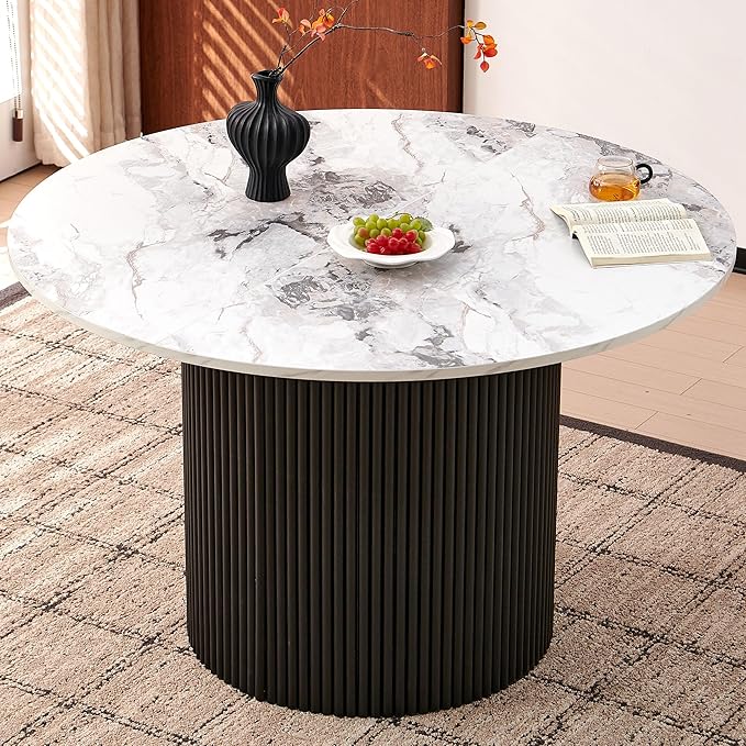 White Round Dining Table Set for 4, Modern Mid Century Wooden Kitchen & Dining Room Table Set, 5 Piece Space Saving (47In Faux Marble Table + 4 Blue Velvet Chairs)