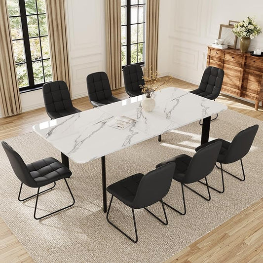 Extendable Dining Table Set for 6-8 People, 63 to 78.7 Inch MDF Kitchen Table with 8 Faux Leather Dining Chairs, Space-Saving for Dining Room, Breakfast Nook (White Table & 8 Black U-Shaped Chairs)