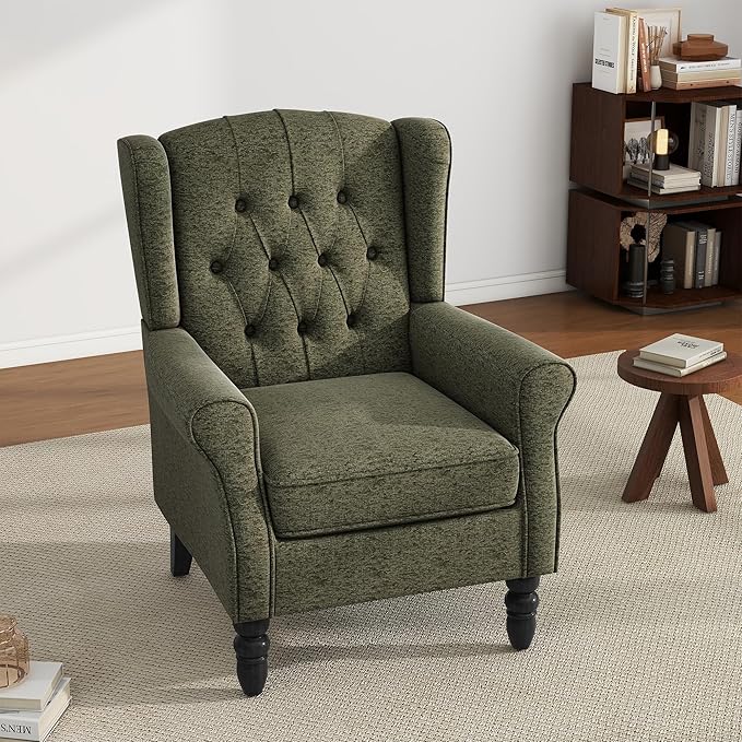 High Back Accent Chairs Set of 2, Upholstered Armchair Wingback Arm Chair for Living Room, Comfy Single Sofa Solid Wood Legs Bedroom Reading Seat - Green