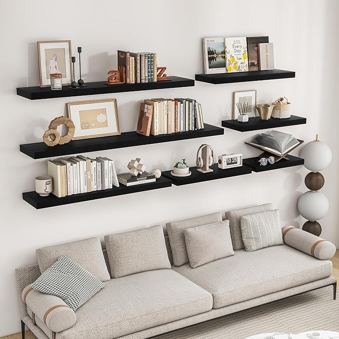 RICHFOCUS 48Inch Floating Shelves for Wall 1 Pack Shelves for Bedroom|Kitchen|Bathroom Wall Mounted Rustic Wood Floating Shelf with Invisible Brackets for Books|Storage|Decor, Black