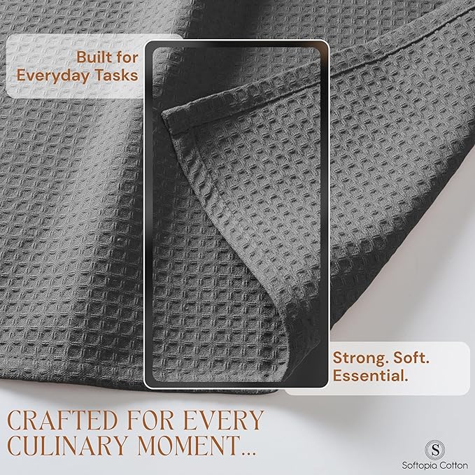Gray Kitchen Towels – Waffle Weave, 100% Cotton, Soft & Absorbent, Fast Dry, Durable, 16x26 Inches, Perfect for Dish Drying, Bar, Cleaning, and Everyday Use, Set of 12, Grey