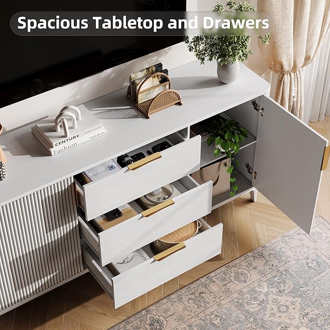 59" Fluted Sideboard Buffet Cabinet with 2 Doors and 3 Drawers, Large Modern Mid Century Buffet Table Coffee Bar Wine Bar Storage Cabinet with Adjustable Shelves for Dining Room, Living Room White