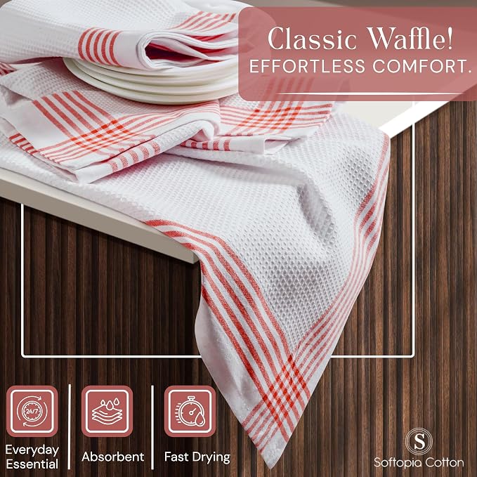 Waffle White & Red Kitchen Dish Towels, Set of 12, 100% Cotton 16x26 inches, Absorbent Tea Towel, Multi-Purpose Hand Cleaning Towel, Strong and Reusable Dish Cloths for Drying Dishes