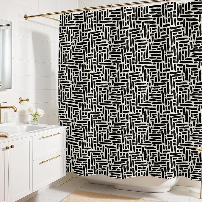 Modern Black and Ivory Brushstroke Print Shower Curtain - Abstract Minimalist Pattern - Neutral Design - Trendy Fabric Shower Curtain for Any Bathroom - 72x72 Inches (Brushstroke)