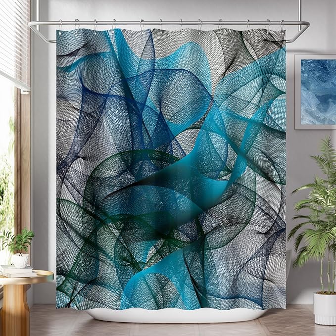 AmazerBath Shower Curtain Blue, Abstract Black Striped Cloth Shower Curtain Sets with 12 Shower Curtain Hooks, Luxury Rustic Fabric Washable Shower Curtain for Bathroom Home Decor, 72x72 Inches