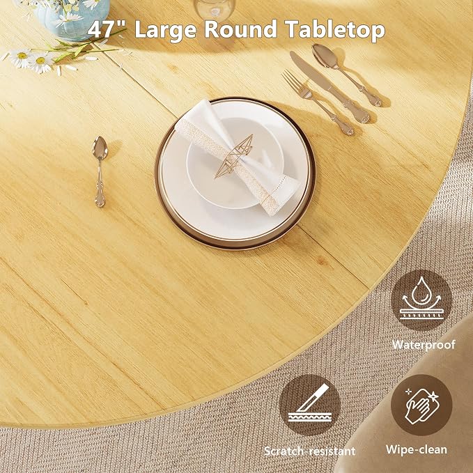 Einhomn Round Dining Table for 4-6, Kitchen Table with Sturdy Double Arc & Rounded Base & Backboard Clasp Desktop, Mid-Century Modern Circle Dinner Table for Dining Living Room, Space Saving, Natrual