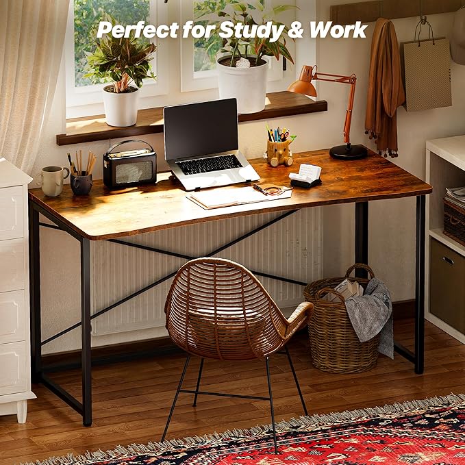 Huuger Folding Desk for Small Spaces, 47.2 Inch Foldable Computer Table, for Home Office, Study, Bedroom, Dorm, Space Saving, Small Writing Work Office Computer Desk, Easy to Fold, Rustic Brown