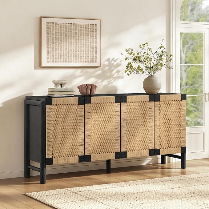 Modern Farmhouse Sideboard Buffet Cabinet 65.6’’ Boho Credenza Coffee Bar Console with Handwoven Paper Rope Doors, Storage Accent Cabinet for Living Room, Hallway & Kitchen, Black