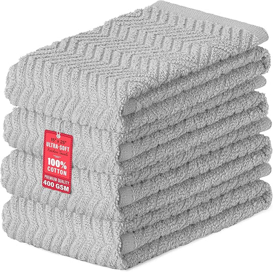 DecorRack 4 Pack Kitchen Towels, 100% Cotton Dish Towels, 15 x 25 Inch Absorbent Kitchen Towels for Drying Dishes, Hand Towels, Kitchen Cleaning Cloths, Light Grey (Set of 4)
