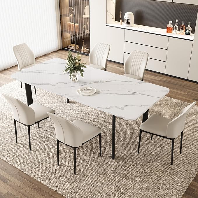 Extendable Dining Table Set for 6-8 People, 63 to 78.7 Inch MDF Kitchen Table with 6 Upholstered Chairs, Space-Saving for Dining Room, Breakfast Nook(White Table & 6 White Chairs)