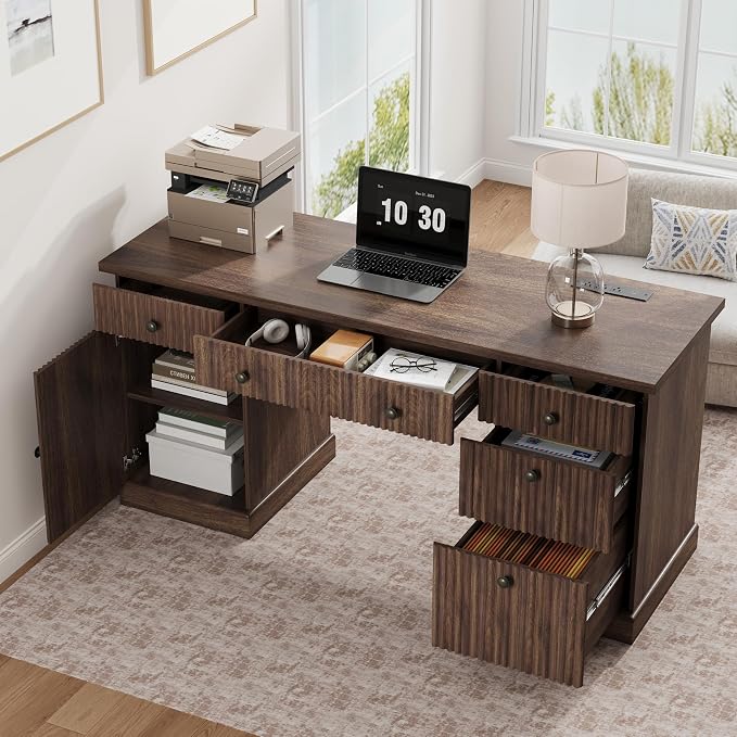 Garvee 60" Office Desk with Storage & Drawers. Fluted Wood Computer Desk with Power Outlet & Adjustable Shelves.Modern Executive Desk for Home Office/Bedroom/Gaming-Brown