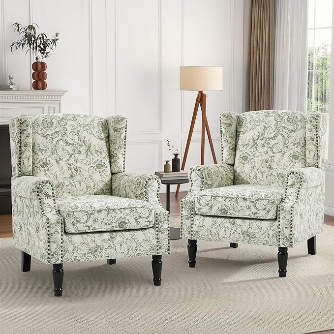 High Back Floral Accent Chairs Set of 2, Fabric Upholstered Armchair Wingback Arm Chair for Living Room, Nailhead Trim Single Sofa Bedroom Side Reading Seat with Solid Wood Legs - Rococo Green