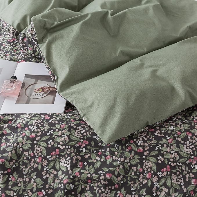 HoneiLife Duvet Dover King Size - 100% Cotton Comforter Cover Floral Duvet Cover Sets, Breathable Bedlinen for Set with Zipper Closure & Corner Ties,3-PC Wildflower Comforter Cover Sets, Berry