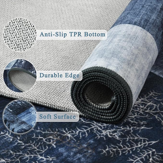 Tepook Modern Runner Rug for Living Room, 2x6 Washable Rugs for Bedroom Hallway, Geometric Patchwork Runner Rug Non-Slip Indoor Throw Carpet for Entryway Kitchen Office Home Decor, Blue
