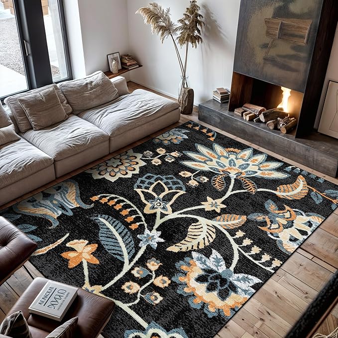 Rugshop Black Floral Area Rug – Colorful Botanical Indoor Carpet for Living Room, Bedroom, or Dining Room – Soft Low-Pile, Non-Shedding Traditional Rug 7' 10" x 10'
