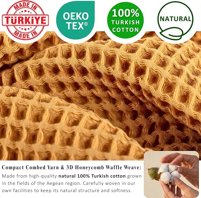 PÜSKÜL Natural 100% Turkish Cotton Waffle Kitchen Towels Set of 3 | Oeko-Tex, Premium Waffle Hand Towels for Bathroom | Soft Absorbent Quick-Dry Lint-Free Dish Towel Large 32x16 in (3, Mustrad Yellow)