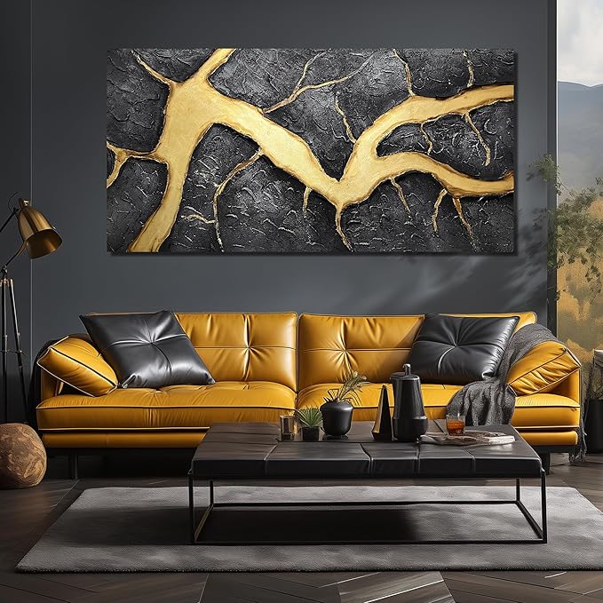 DNIEOTU Hand Painted Abstract Wall Art for Living Room, Black and Gold Canvas Wall-Decor for Bedroom, 3D Textured Paintings for Hallway Office, Large Size 72 x 36 Inches