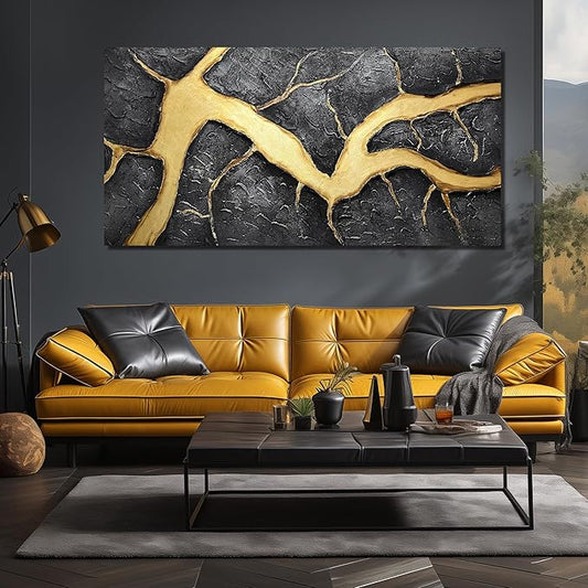 DNIEOTU Hand Painted Abstract Wall Art for Living Room, Black and Gold Canvas Wall-Decor for Bedroom, 3D Textured Paintings for Hallway Office, Large Size 72 x 36 Inches