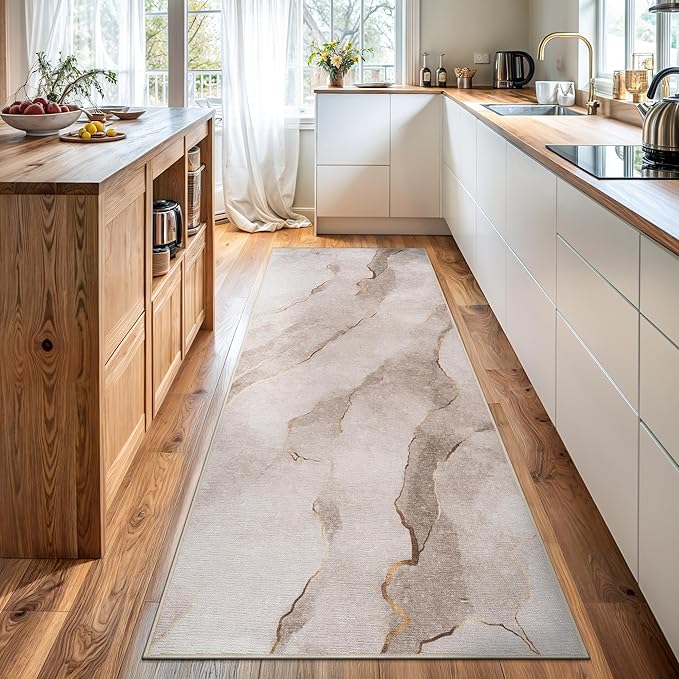 Bloom Rugs Caria Washable Non-Slip 7 ft Runner - Ivory/Gold Modern Abstract Runner for Entryway, Hallway, Bathroom, and Kitchen - Exact Size: 2'6" x 7'