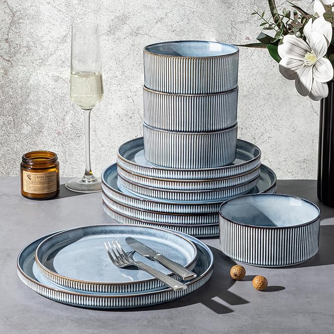 GBHOME 12-Piece Stoneware Dinnerware Set for 4 – Ribbed Ceramic Plates and Bowls, Scratch-Resistant, Microwave & Dishwasher Safe, Reactive Glaze, Deep Tidal Blue