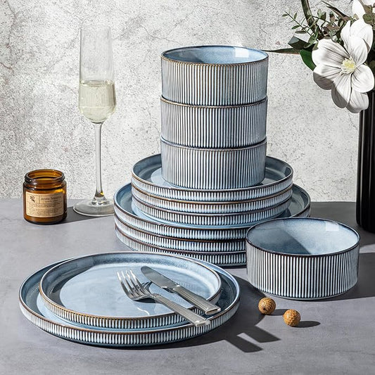 GBHOME 12-Piece Stoneware Dinnerware Set for 4 – Ribbed Ceramic Plates and Bowls, Scratch-Resistant, Microwave & Dishwasher Safe, Reactive Glaze, Deep Tidal Blue