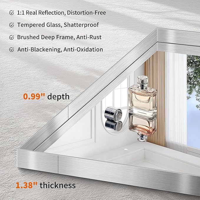 CIRCUMI Silver Bathroom Mirror, 24"x48" Rectangular Mirror with Deep Metal Frame, Brushed Finish, Tempered Glass, Large Mirror for Wall, Over 2 Sinks, Installed Vertically/Horizontally, Crystal-Clear