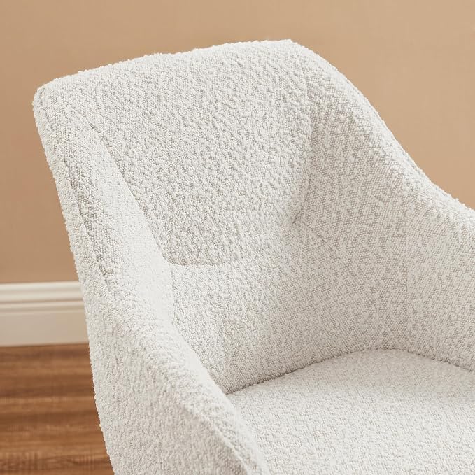 Art Leon Desk Chair No Wheels, Mid Century Modern Office Chair, Swivel Accent Chair with Oak Wood Legs, Boucle Fabric Upholstered Arm Chair, White