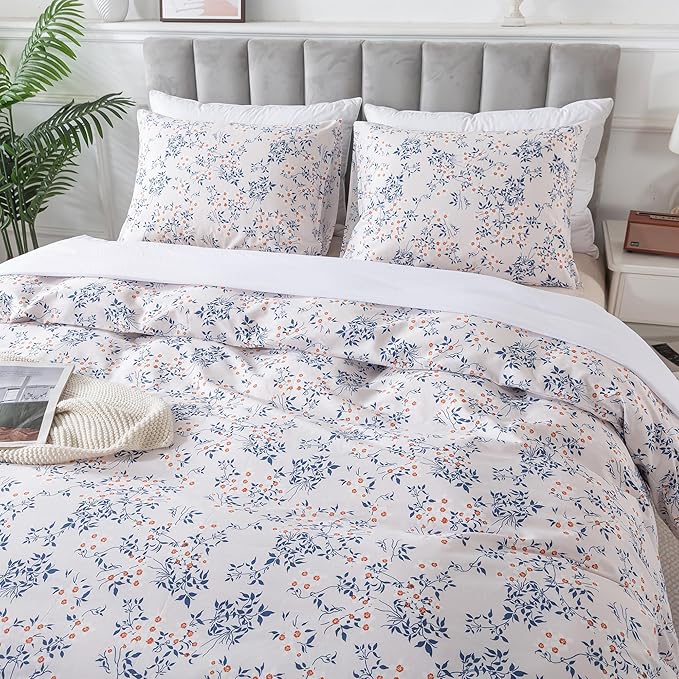 HoneiLife King Size Duvet Cover - 100% Cotton Comforter Cover, Soft & Breathable Floral Bedding Duvet Cover Sets with Zipper Closure & Corner Ties, 3-PC Wildflower Comforter Cover Sets, Blue Leaves