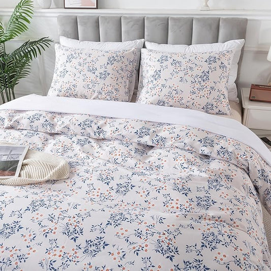HoneiLife King Size Duvet Cover - 100% Cotton Comforter Cover, Soft & Breathable Floral Bedding Duvet Cover Sets with Zipper Closure & Corner Ties, 3-PC Wildflower Comforter Cover Sets, Blue Leaves