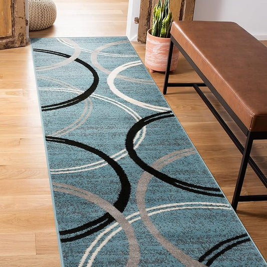 Rugshop Modern Wavy Circles Design Runner Rug, Non-Shedding Carpet for Hallway, Kitchen, or Entryway, Blue, 2' x 7'2"