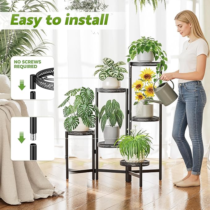 Metal Plant Stand Indoor Outdoor, 6 Tier Tall Flower Pot Holder Potted Display Rack Shelf, Heavy Duty Corner Plant Shelf for Patio Garden Balcony Living Room Bedroom - BlackS
