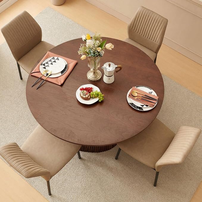 Dining Table Set for 4, 47" Wooden Round Kitchen Table with PU Leather Chairs for Kitchen Room and Small Spaces(Walnut Table + 4 Beige Chairs)