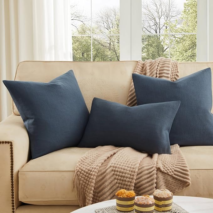 ZeeMart Rustic Cotton Linen Throw Pillow Covers Set of 2, 24x24 Inch Navy, Farmhouse Style Decorative Couch Pillow Cases Cushion Covers for Sofa Bed Living Room Home Decor