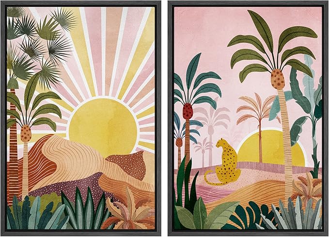 IDEA4WALL Framed Canvas Print Wall Art Set Sunlight Over Tropical Jungle Cheetah Cat Nature Wilderness Digital Art Modern Art Decorative Animals for Living Room, Bedroom, Office - 24"x36"x2 Black