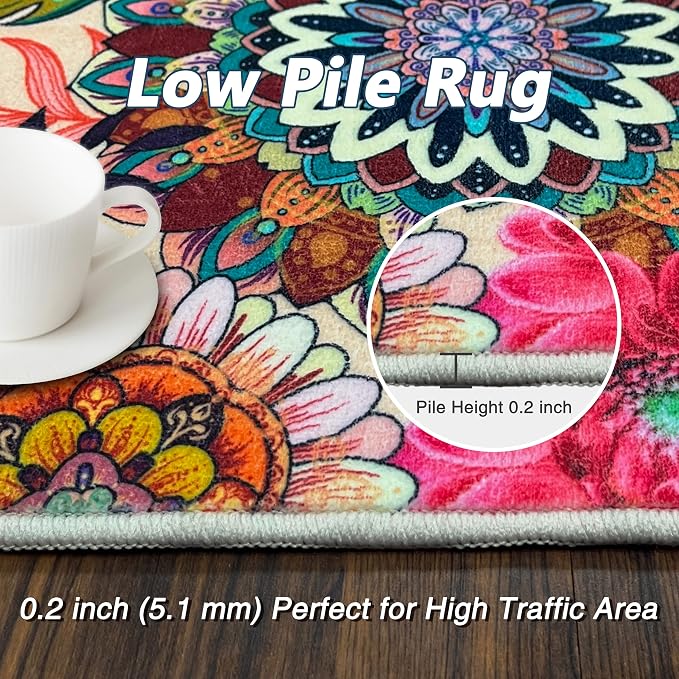 Boho Floral Rug for Living Room 5'x7', Non-Slip Machine Washable Farmhouse Floor Carpet Colorful Flowers Area Rugs for Bedroom Dining Room Boho Home Decor Aesthentic