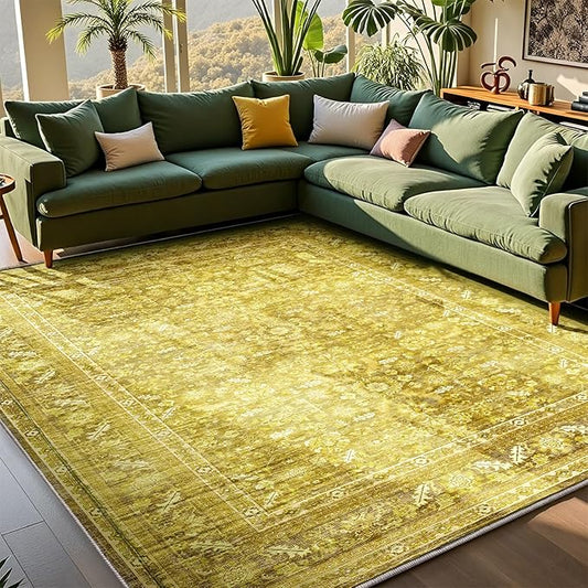 OPPODREAM Vintage Yellow Area Rugs 5x7, 5 x 7 Retro Washable Rug Non Slip, Low-Pile Faux Wool Carpet, Distressed Floor Mat for Living Room, Bedroom, Kitchen, Office, Dorm, Dinning Room