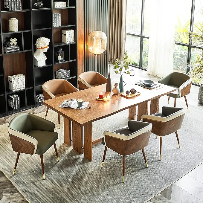 ARTPLAN Modern Upholsted Accent Dining Chairs,Mid-Century Faux Leather with Walnut for Kitchen,Office Waiting Room Arm Sitting Chair, Beech Legs Dissassembly Adjustable Feet,Army Green