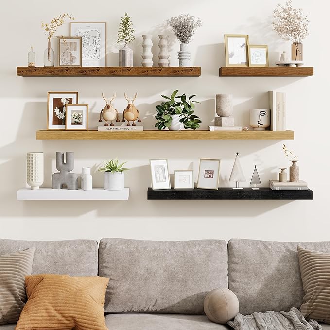 Fun Memories Floating Shelves Set of 2, 24 Inch Floating Shelves for Wall, Wood Wall Shelves with Invisible Brackets, for Bathroom, Bedroom, Living Room, Kitchen, Oak