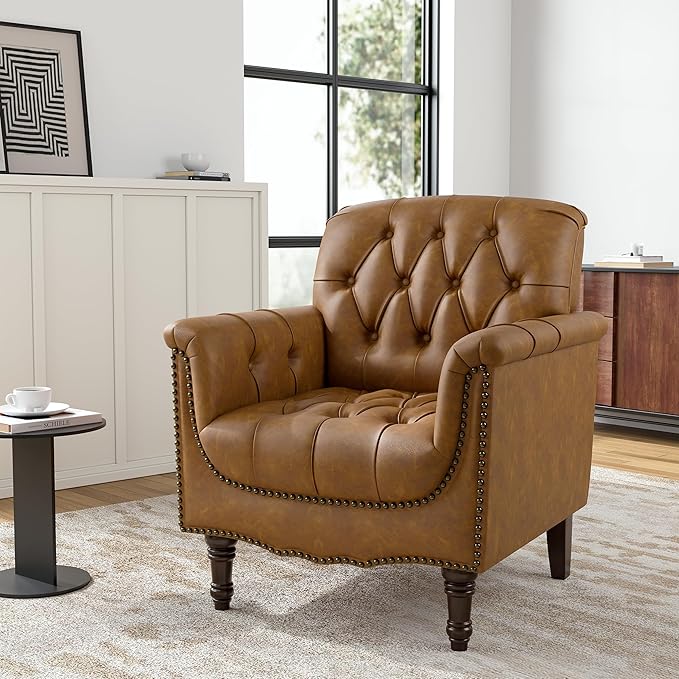Faux Leather Club Chair, Retro Upholstered Armchair Accent Chair with Solid Wood Legs & Nailhead Trim for Living Room, Bedroom, Reading Room, Camel