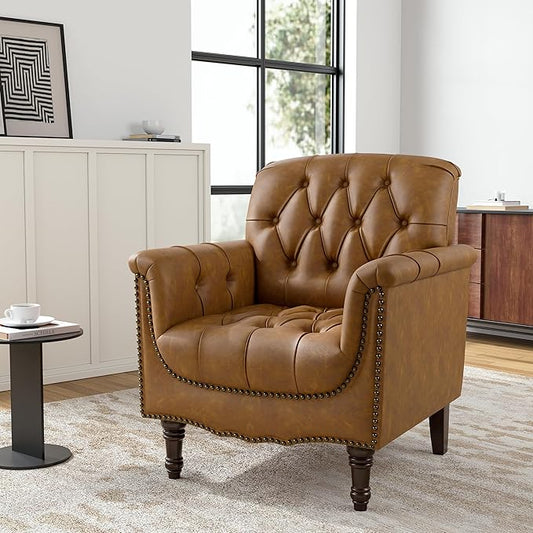 Faux Leather Club Chair, Retro Upholstered Armchair Accent Chair with Solid Wood Legs & Nailhead Trim for Living Room, Bedroom, Reading Room, Camel