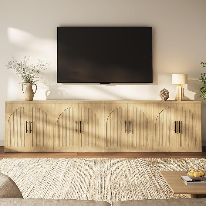 63" Fluted Buffet Cabinet with Storage, Modern Symmetrical Arched Sideboard Credenza with Adjustable Shelf, Elegant Wood Console Table for Dining Room, Kitchen, Living Room(Oak)