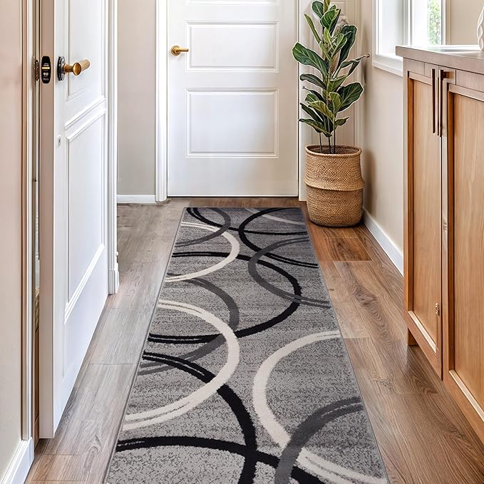 Rugshop Wavy Circles Design Runner Rug, Non-Shedding Carpet for Hallway or Entryway, Gray, 2' x 7'2"