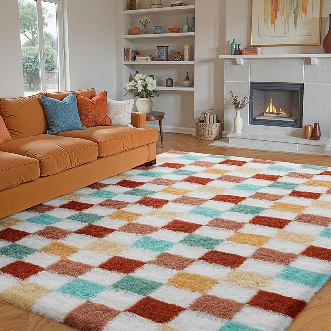 Checkered Rug 8x10 for Living Room, Colorful Modern Shag Rug Washable Non-Slip Large Area Rug Super Soft Indoor Fuzzy Carpet Fluffy Rugs for Bedroom Home Aesthetic Decor