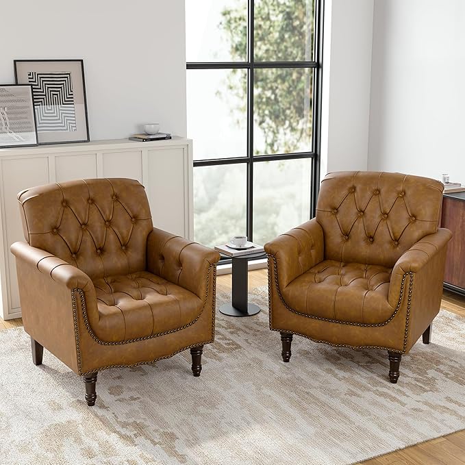 Faux Leather Club Chair, Retro Upholstered Armchair Accent Chair with Solid Wood Legs & Nailhead Trim for Living Room, Bedroom, Reading Room, Camel