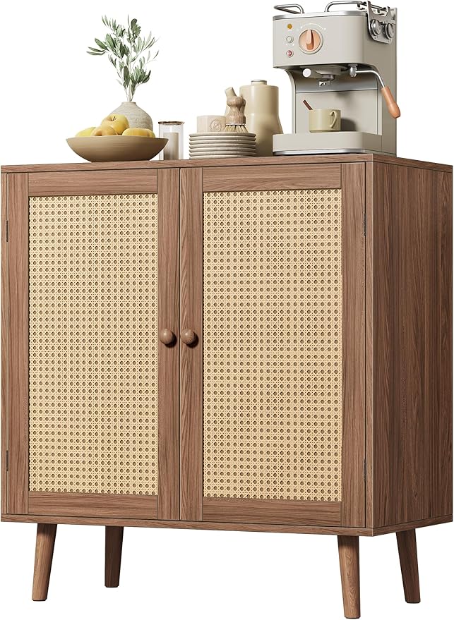 Huuger Buffet Cabinet with Storage, Storage Cabinet with Synthetic Rattan Decor Doors, Accent with Solid Wood Feet, Sideboard for Hallway, Entry, Living Room, Walnut