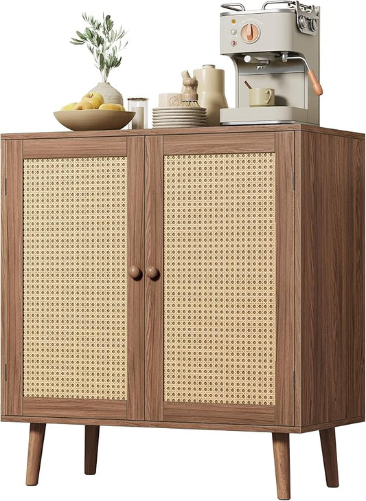 Huuger Buffet Cabinet with Storage, Storage Cabinet with Synthetic Rattan Decor Doors, Accent with Solid Wood Feet, Sideboard for Hallway, Entry, Living Room, Walnut