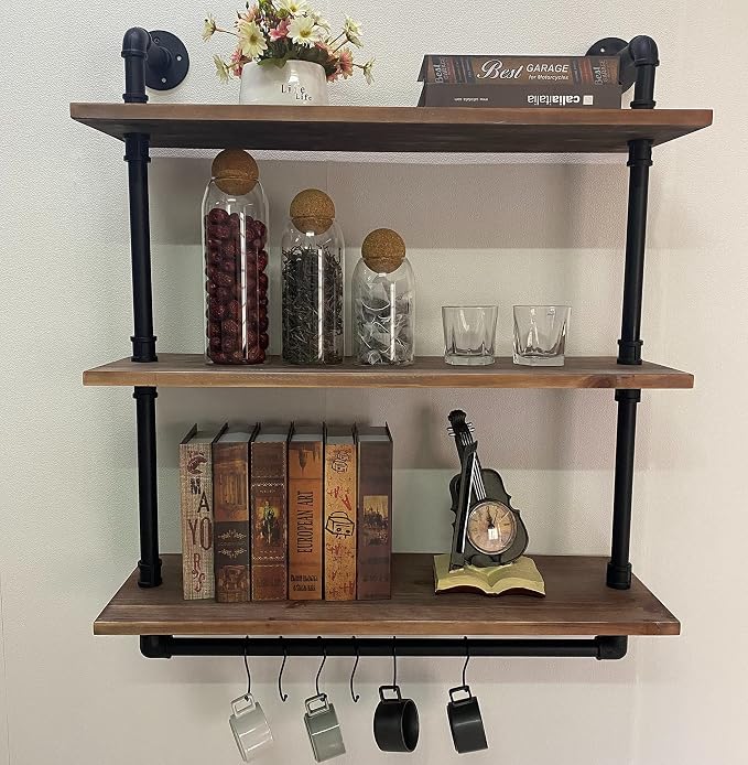 ROGMARS Industrial Floating Pipe Wall Shelves with Towel Rack,30 in Industrial Pipe Shelving Rustic Coffee Bar k Storage Wall Mounted Shelves for Living Room,Bathroom,Kitchen,Laundry Room