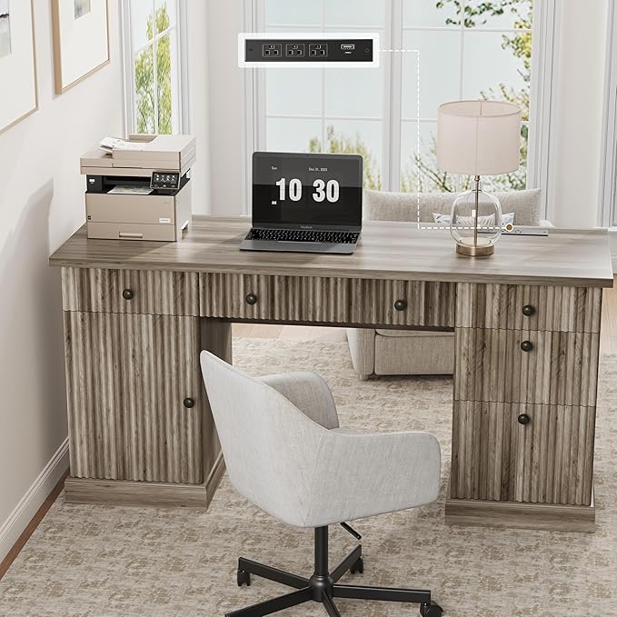 Garvee 60" Office Desk with Storage & Drawers. Fluted Wood Computer Desk with Power Outlet & Adjustable Shelves.Modern Executive Desk for Home Office/Bedroom/Gaming-Grey