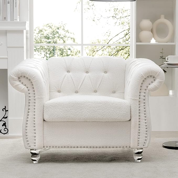 Yoglad Upholstered Accent Chair, Retro Style Armchair with Rolled Arms, Comfy Single Sofa with Wood Legs and Nailhead for Living Room, Bedroom, Apartment (White, 39", Teddy Fabric)