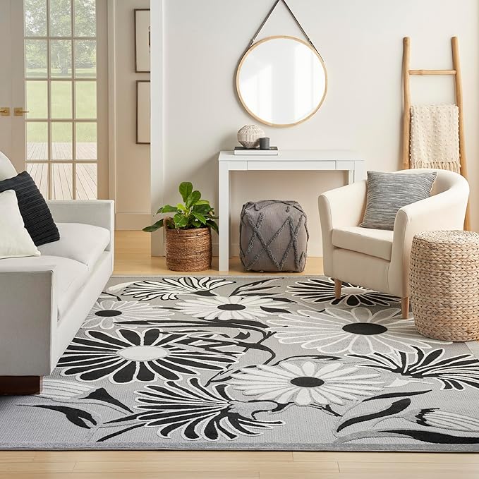 Nourison Home Aloha Black White 7'10" x 10'6" Area Rug - Easy Clean, Non Shedding, Bed Room, Living Room, Dining Room, Kitchen (8' x 11')